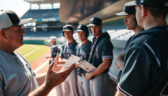 A baseball dugout scene during a game, focusing on the strategies of a signals system. In the foreground, a coach in modest casual clothing is demonstrating a touch system with his hand gestures, conveying clear non-verbal cues. Beside him, a player is holding a coded card, studying it intently. In the middle ground, teammates watch closely, showcasing a mixture of focus and anticipation. The background features the baseball field, partially visible with a sunny, vibrant atmosphere that suggests an energetic game day. Soft sunlight casts gentle shadows, creating depth in the scene. The camera angle is slightly elevated, capturing the intensity and strategic nature of the interactions. The overall mood is one of concentration and teamwork, emphasizing the importance of clear communication in the sport. A baseball dugout scene during a game, focusing on the strategies of a signals system. In the foreground, a coach in modest casual clothing is demonstrating a touch system with his hand gestures, conveying clear non-verbal cues. Beside him, a player is holding a coded card, studying it intently. In the middle ground, teammates watch closely, showcasing a mixture of focus and anticipation. The background features the baseball field, partially visible with a sunny, vibrant atmosphere that suggests an energetic game day. Soft sunlight casts gentle shadows, creating depth in the scene. The camera angle is slightly elevated, capturing the intensity and strategic nature of the interactions. The overall mood is one of concentration and teamwork, emphasizing the importance of clear communication in the sport.