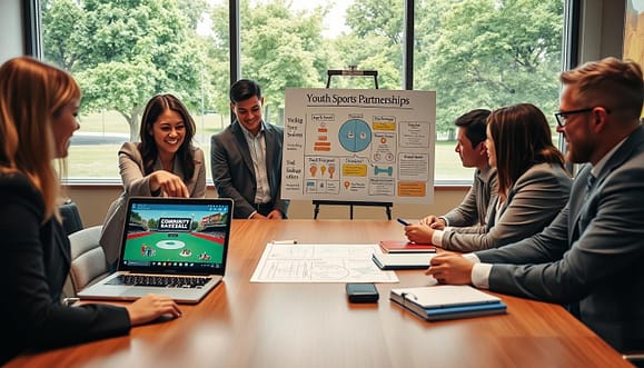 A collaborative team meeting focuses on youth sports partnerships, featuring a diverse group of adults in professional business attire, gathered around a large conference table. In the foreground, a woman points at a laptop screen displaying a community baseball program, while a man takes notes on a notepad. In the middle, there is a flip chart covered in colorful diagrams representing strategic collaboration with schools, businesses, and nonprofits. In the background, large windows let in warm, natural light, showcasing a green outdoor park setting, creating a vibrant atmosphere. The scene captures an energetic mood of teamwork and innovation, symbolizing the importance of building partnerships in youth baseball programs. Use a wide-angle lens to enhance the sense of collaboration. A collaborative team meeting focuses on youth sports partnerships, featuring a diverse group of adults in professional business attire, gathered around a large conference table. In the foreground, a woman points at a laptop screen displaying a community baseball program, while a man takes notes on a notepad. In the middle, there is a flip chart covered in colorful diagrams representing strategic collaboration with schools, businesses, and nonprofits. In the background, large windows let in warm, natural light, showcasing a green outdoor park setting, creating a vibrant atmosphere. The scene captures an energetic mood of teamwork and innovation, symbolizing the importance of building partnerships in youth baseball programs. Use a wide-angle lens to enhance the sense of collaboration.