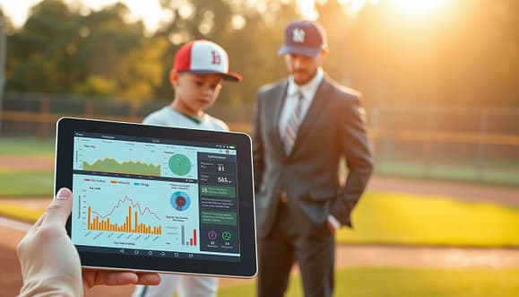 A detailed overview of the Rapsodo youth pitching metrics in an engaging, educational format. In the foreground, show a sleek tablet displaying vibrant graphs and charts illustrating pitching metrics like velocity, spin axis, and release height, with bright colors for clarity. In the middle ground, depict a youth baseball player in professional business attire analyzing the metrics, with a coach beside them, both focused and engaged. The background features a baseball field in soft focus, with warm sunlight streaming through the trees, creating an inviting atmosphere. Utilize a slight bokeh effect to emphasize the tablet's screen, while maintaining sharpness on the players. The overall mood is optimistic and encouraging, reflecting the theme of technology empowering young athletes. A detailed overview of the Rapsodo youth pitching metrics in an engaging, educational format. In the foreground, show a sleek tablet displaying vibrant graphs and charts illustrating pitching metrics like velocity, spin axis, and release height, with bright colors for clarity. In the middle ground, depict a youth baseball player in professional business attire analyzing the metrics, with a coach beside them, both focused and engaged. The background features a baseball field in soft focus, with warm sunlight streaming through the trees, creating an inviting atmosphere. Utilize a slight bokeh effect to emphasize the tablet's screen, while maintaining sharpness on the players. The overall mood is optimistic and encouraging, reflecting the theme of technology empowering young athletes.
