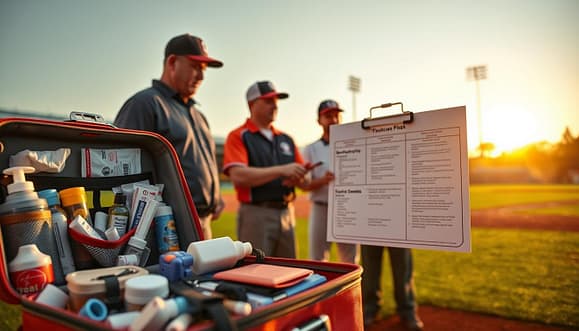 A detailed scene depicting a Texas baseball coaching environment focused on safety and risk management. In the foreground, a well-organized first aid kit is open, showing essential medical supplies like bandages, ice packs, and antiseptics. Middle ground features a diverse group of coaches, dressed in professional baseball attire, discussing an emergency action plan. They are referencing a clipboard with a detailed chart outlining roles and responsibilities during emergencies. The background features a vibrant Texas baseball field with the sun setting, casting a warm golden hue over the scene, enhancing the atmosphere of preparedness and teamwork. The image should evoke a sense of professionalism, readiness, and the importance of safety in sports. Soft focus on the background to emphasize the coaches' conversation. A detailed scene depicting a Texas baseball coaching environment focused on safety and risk management. In the foreground, a well-organized first aid kit is open, showing essential medical supplies like bandages, ice packs, and antiseptics. Middle ground features a diverse group of coaches, dressed in professional baseball attire, discussing an emergency action plan. They are referencing a clipboard with a detailed chart outlining roles and responsibilities during emergencies. The background features a vibrant Texas baseball field with the sun setting, casting a warm golden hue over the scene, enhancing the atmosphere of preparedness and teamwork. The image should evoke a sense of professionalism, readiness, and the importance of safety in sports. Soft focus on the background to emphasize the coaches' conversation.