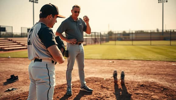 A detailed scene of a baseball pitching mechanics checkpoint set in the sweltering Texas heat. In the foreground, a focused pitcher in professional athletic wear analyzes their posture and stride, with emphasis on their trunk rotation and glove side rhythm. The middle ground features a coach offering feedback, surrounded by essential training gear like baseballs, a pitching mound, and hydration stations. In the background, a sun-drenched baseball field stretches out, with heat waves shimmering above the dirt. Use natural sunlight to create sharp contrasts and dramatic shadows, simulating a late afternoon setting. Capture a sense of determination and focus, highlighting the meticulous nature of pitching development against an intense summer backdrop. A detailed scene of a baseball pitching mechanics checkpoint set in the sweltering Texas heat. In the foreground, a focused pitcher in professional athletic wear analyzes their posture and stride, with emphasis on their trunk rotation and glove side rhythm. The middle ground features a coach offering feedback, surrounded by essential training gear like baseballs, a pitching mound, and hydration stations. In the background, a sun-drenched baseball field stretches out, with heat waves shimmering above the dirt. Use natural sunlight to create sharp contrasts and dramatic shadows, simulating a late afternoon setting. Capture a sense of determination and focus, highlighting the meticulous nature of pitching development against an intense summer backdrop.