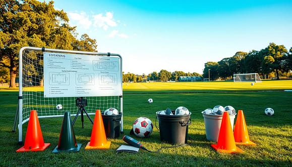 A detailed, vibrant outdoor scene depicting a well-organized equipment checklist for station-based coaching. In the foreground, neatly arranged cones in bright colors, a pair of soccer nets, a radar gun, and a pocket radar positioned next to a bucket filled with training balls. A large whiteboard, angled slightly for visibility, displays basic coaching strategies and diagrams. The middle ground features a grassy field, scattered with coaching equipment, under a clear blue sky, with soft, natural lighting enhancing the colors. The background includes mature trees and distant playing fields, creating a serene coaching atmosphere. Capture the essence of preparation and organization, with an inviting, motivating ambiance. A detailed, vibrant outdoor scene depicting a well-organized equipment checklist for station-based coaching. In the foreground, neatly arranged cones in bright colors, a pair of soccer nets, a radar gun, and a pocket radar positioned next to a bucket filled with training balls. A large whiteboard, angled slightly for visibility, displays basic coaching strategies and diagrams. The middle ground features a grassy field, scattered with coaching equipment, under a clear blue sky, with soft, natural lighting enhancing the colors. The background includes mature trees and distant playing fields, creating a serene coaching atmosphere. Capture the essence of preparation and organization, with an inviting, motivating ambiance.