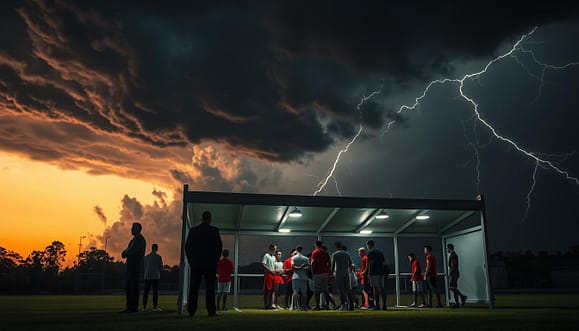A dramatic scene capturing an intense lightning storm looming over a sports field during dusk. In the foreground, a set of safety shelters stands ready, brightly illuminated under the flash of lightning, with a few silhouettes of coaches in professional attire, observing the sky with focused expressions. In the middle ground, players in modest athletic clothing huddle under the shelter, displaying a sense of urgency and awareness of the storm. The background features ominous dark clouds crackling with electricity, contrasting against a fading orange sky, with brief glimpses of lightning bolts flashing. The atmosphere is tense yet focused, highlighting the importance of safety protocols during severe weather events. The lighting is dynamic, showcasing the contrast between the storm and the safety measures on the field. The composition is shot at a low angle, emphasizing the grandeur of the storm and the protective structures. A dramatic scene capturing an intense lightning storm looming over a sports field during dusk. In the foreground, a set of safety shelters stands ready, brightly illuminated under the flash of lightning, with a few silhouettes of coaches in professional attire, observing the sky with focused expressions. In the middle ground, players in modest athletic clothing huddle under the shelter, displaying a sense of urgency and awareness of the storm. The background features ominous dark clouds crackling with electricity, contrasting against a fading orange sky, with brief glimpses of lightning bolts flashing. The atmosphere is tense yet focused, highlighting the importance of safety protocols during severe weather events. The lighting is dynamic, showcasing the contrast between the storm and the safety measures on the field. The composition is shot at a low angle, emphasizing the grandeur of the storm and the protective structures.