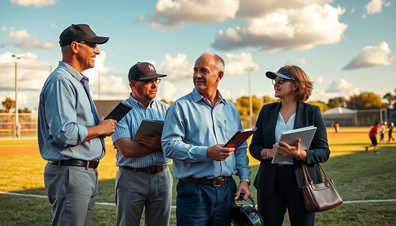A dynamic baseball field scene showcasing a collaborative meeting of youth baseball coaches from different leagues in Texas. In the foreground, a diverse group of coaches—two men and two women—are engaged in a thoughtful discussion, wearing professional business attire, holding clipboards and baseball equipment. The middle ground features a baseball diamond bathed in warm, late afternoon sunlight, with kids practicing drills in the background. The sky is a vibrant blue with fluffy white clouds, adding to the uplifting atmosphere. The composition should emphasize teamwork and partnership, capturing the spirit of collaboration in youth sports. Use a wide-angle lens to capture the breadth of the field and the camaraderie of the coaches, while maintaining a slight depth of field to keep the focus on their engaged expressions. A dynamic baseball field scene showcasing a collaborative meeting of youth baseball coaches from different leagues in Texas. In the foreground, a diverse group of coaches—two men and two women—are engaged in a thoughtful discussion, wearing professional business attire, holding clipboards and baseball equipment. The middle ground features a baseball diamond bathed in warm, late afternoon sunlight, with kids practicing drills in the background. The sky is a vibrant blue with fluffy white clouds, adding to the uplifting atmosphere. The composition should emphasize teamwork and partnership, capturing the spirit of collaboration in youth sports. Use a wide-angle lens to capture the breadth of the field and the camaraderie of the coaches, while maintaining a slight depth of field to keep the focus on their engaged expressions.