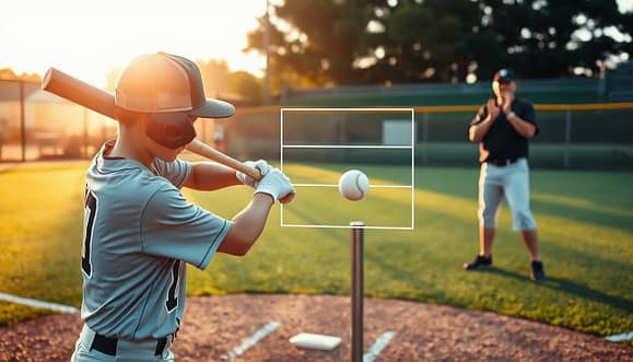 A dynamic baseball practice scene capturing the concept of "attack angle" in a youth training setting. In the foreground, a young player in a fitted jersey and cap focuses intently on a tee, positioning a bat for an optimal swing, showcasing precision in grip and stance. The middle ground features a marked tee grid layout, clearly delineating various hitting zones, while a coach observes closely, gesturing to emphasize the importance of barrel accuracy. The background presents a well-maintained baseball field under the warm glow of late afternoon sunlight, casting natural shadows that enhance the training atmosphere. A slight depth of field blurs the background, emphasizing the players' intense focus. The overall mood is energetic and determined, capturing the essence of practice and skill-building in youth baseball. A dynamic baseball practice scene capturing the concept of "attack angle" in a youth training setting. In the foreground, a young player in a fitted jersey and cap focuses intently on a tee, positioning a bat for an optimal swing, showcasing precision in grip and stance. The middle ground features a marked tee grid layout, clearly delineating various hitting zones, while a coach observes closely, gesturing to emphasize the importance of barrel accuracy. The background presents a well-maintained baseball field under the warm glow of late afternoon sunlight, casting natural shadows that enhance the training atmosphere. A slight depth of field blurs the background, emphasizing the players' intense focus. The overall mood is energetic and determined, capturing the essence of practice and skill-building in youth baseball.