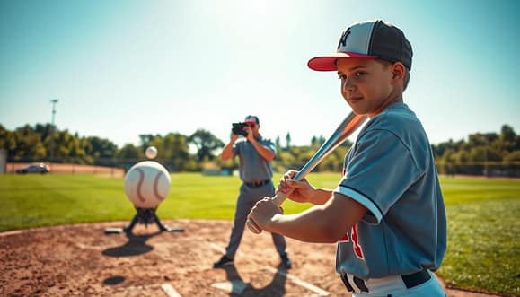 A dynamic baseball practice scene focusing on a youth coach demonstrating pitch recognition skills. In the foreground, a young player in a baseball uniform is poised at the plate, bat in hand, eyes locked on an incoming pitched ball. The middle ground features a coach, wearing a baseball cap and professional attire, demonstrating techniques with a pitching machine sending balls at varying speeds. Behind them, a field with lush green grass, a bright blue sky, and distant trees, depicting an active training environment. The lighting is warm and bright, casting realistic shadows and enhancing the energy of the moment. The overall atmosphere is focused and inspiring, capturing the essence of skill development in youth baseball. A dynamic baseball practice scene focusing on a youth coach demonstrating pitch recognition skills. In the foreground, a young player in a baseball uniform is poised at the plate, bat in hand, eyes locked on an incoming pitched ball. The middle ground features a coach, wearing a baseball cap and professional attire, demonstrating techniques with a pitching machine sending balls at varying speeds. Behind them, a field with lush green grass, a bright blue sky, and distant trees, depicting an active training environment. The lighting is warm and bright, casting realistic shadows and enhancing the energy of the moment. The overall atmosphere is focused and inspiring, capturing the essence of skill development in youth baseball.