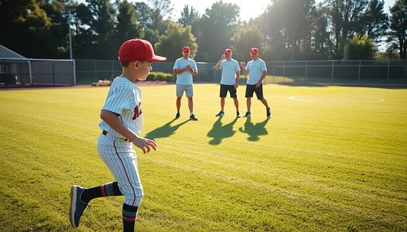 A dynamic scene depicting a youth baseball outfield training session focused on drop step routes and wall work. In the foreground, a young player, dressed in a modest baseball uniform, executes a precise drop step, showing determination and focus. In the middle ground, two coaches provide guidance, demonstrating the correct footwork and positioning for efficient route running. The background features a well-maintained baseball field under bright afternoon sunlight, casting long shadows and enhancing the vibrant green grass. The atmosphere is energetic and encouraging, emphasizing the importance of skill development in youth baseball. Capture this moment with a slightly angled perspective to give depth, emphasizing the active movement and training focus. A dynamic scene depicting a youth baseball outfield training session focused on drop step routes and wall work. In the foreground, a young player, dressed in a modest baseball uniform, executes a precise drop step, showing determination and focus. In the middle ground, two coaches provide guidance, demonstrating the correct footwork and positioning for efficient route running. The background features a well-maintained baseball field under bright afternoon sunlight, casting long shadows and enhancing the vibrant green grass. The atmosphere is energetic and encouraging, emphasizing the importance of skill development in youth baseball. Capture this moment with a slightly angled perspective to give depth, emphasizing the active movement and training focus.