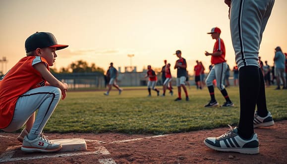 A dynamic scene on a youth baseball field capturing the essence of baserunning reads. In the foreground, a young player in a vibrant jersey leans slightly forward, poised at first base, keenly analyzing the pitcher. His determined expression showcases his focus on reading the play, ready for a potential steal. In the middle ground, teammates engage in practice drills, demonstrating various techniques such as dirt ball jumps and rounding angles, with crisp baseball shoes on grass. In the background, a sunny afternoon sky sets a warm, energetic atmosphere, while faint outlines of cheering parents illuminate the community spirit of youth sports. The scene is illuminated by soft, natural lighting, emphasizing the intensity and excitement of the moment, captured with a wide-angle lens for increased depth and engagement. A dynamic scene on a youth baseball field capturing the essence of baserunning reads. In the foreground, a young player in a vibrant jersey leans slightly forward, poised at first base, keenly analyzing the pitcher. His determined expression showcases his focus on reading the play, ready for a potential steal. In the middle ground, teammates engage in practice drills, demonstrating various techniques such as dirt ball jumps and rounding angles, with crisp baseball shoes on grass. In the background, a sunny afternoon sky sets a warm, energetic atmosphere, while faint outlines of cheering parents illuminate the community spirit of youth sports. The scene is illuminated by soft, natural lighting, emphasizing the intensity and excitement of the moment, captured with a wide-angle lens for increased depth and engagement.