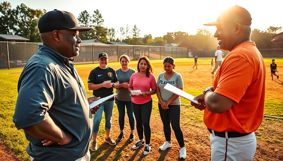 A dynamic scene set on a baseball field during a sunny afternoon showcasing a diverse group of coaches engaged in a mentorship program. In the foreground, two coaches, one African American and one Hispanic, are enthusiastically discussing a baseball strategy, both dressed in professional sports attire with baseball caps. In the middle, a small group of new coaches observes attentively, taking notes; they are dressed in modest casual clothing, exuding a sense of eagerness to learn. In the background, you can see a baseball diamond and a few kids practicing under the watchful eyes of volunteer coaches. The lighting is warm and inviting, with soft sunlight casting long shadows across the field, creating an atmosphere of collaboration and growth. The angle is slightly elevated to capture the action and the welcoming spirit of mentorship in youth baseball. A dynamic scene set on a baseball field during a sunny afternoon showcasing a diverse group of coaches engaged in a mentorship program. In the foreground, two coaches, one African American and one Hispanic, are enthusiastically discussing a baseball strategy, both dressed in professional sports attire with baseball caps. In the middle, a small group of new coaches observes attentively, taking notes; they are dressed in modest casual clothing, exuding a sense of eagerness to learn. In the background, you can see a baseball diamond and a few kids practicing under the watchful eyes of volunteer coaches. The lighting is warm and inviting, with soft sunlight casting long shadows across the field, creating an atmosphere of collaboration and growth. The angle is slightly elevated to capture the action and the welcoming spirit of mentorship in youth baseball.