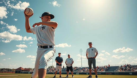 A dynamic scene showcasing a group of young baseball pitchers engaged in velocity training on a sun-drenched Texas field. In the foreground, a pitcher in a modest athletic outfit is performing a powerful throwing motion with a medicine ball, showcasing intense focus and determination. The middle ground captures two coaches observing and providing guidance, emphasizing the meticulous training aspect. The background features a bright blue sky, scattered clouds, and a distant view of bleachers filled with onlookers. Utilize warm, natural lighting to create an energetic atmosphere. The angle should be slightly low, emphasizing the athletes’ athleticism while framing the expansive field. This scene reflects the essence of hard work and dedication in a competitive and challenging training environment. A dynamic scene showcasing a group of young baseball pitchers engaged in velocity training on a sun-drenched Texas field. In the foreground, a pitcher in a modest athletic outfit is performing a powerful throwing motion with a medicine ball, showcasing intense focus and determination. The middle ground captures two coaches observing and providing guidance, emphasizing the meticulous training aspect. The background features a bright blue sky, scattered clouds, and a distant view of bleachers filled with onlookers. Utilize warm, natural lighting to create an energetic atmosphere. The angle should be slightly low, emphasizing the athletes’ athleticism while framing the expansive field. This scene reflects the essence of hard work and dedication in a competitive and challenging training environment.
