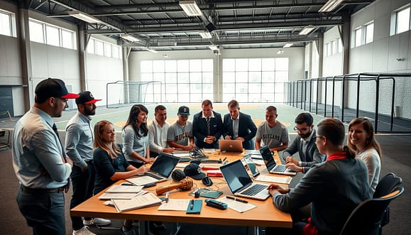 A dynamic scene showcasing collaborative training in baseball, focusing on shared resource programs. In the foreground, a group of diverse, professionally dressed individuals, including coaches and young athletes, are gathered around a large table filled with training materials, laptops, and baseball equipment. The middle ground features a well-equipped training facility, with batting cages and pitching mounds visible. In the background, a bright window allows natural light to flood the space, creating an inviting atmosphere. The overall mood is one of teamwork and positivity, capturing the essence of collaboration. Use a slightly elevated perspective to reveal the entire scene, emphasizing the connections between the individuals and their shared resources. A dynamic scene showcasing collaborative training in baseball, focusing on shared resource programs. In the foreground, a group of diverse, professionally dressed individuals, including coaches and young athletes, are gathered around a large table filled with training materials, laptops, and baseball equipment. The middle ground features a well-equipped training facility, with batting cages and pitching mounds visible. In the background, a bright window allows natural light to flood the space, creating an inviting atmosphere. The overall mood is one of teamwork and positivity, capturing the essence of collaboration. Use a slightly elevated perspective to reveal the entire scene, emphasizing the connections between the individuals and their shared resources.