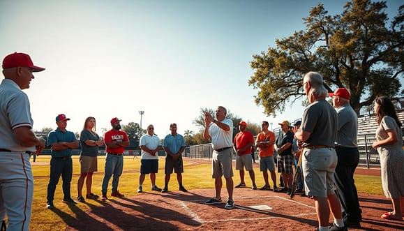 A lively scene depicting a baseball coaching clinic in Texas, set on a well-maintained baseball diamond under warm afternoon sunlight. In the foreground, a diverse group of coaches, dressed in professional baseball attire and casual yet modest clothing, gather around a coaching expert demonstrating pitching techniques. In the middle ground, attendees observe intently, taking notes, with equipment like bats and baseballs scattered around. The background features trees and bleachers, creating a community atmosphere. Soft shadows play across the field, and a clear blue sky enhances the vibrant energy. The mood is focused and collaborative, reflecting learning and skill development. The composition captures the essence of hands-on coaching, live demonstrations, and interactive Q&A sessions, emphasizing engagement and the passion for baseball education. A lively scene depicting a baseball coaching clinic in Texas, set on a well-maintained baseball diamond under warm afternoon sunlight. In the foreground, a diverse group of coaches, dressed in professional baseball attire and casual yet modest clothing, gather around a coaching expert demonstrating pitching techniques. In the middle ground, attendees observe intently, taking notes, with equipment like bats and baseballs scattered around. The background features trees and bleachers, creating a community atmosphere. Soft shadows play across the field, and a clear blue sky enhances the vibrant energy. The mood is focused and collaborative, reflecting learning and skill development. The composition captures the essence of hands-on coaching, live demonstrations, and interactive Q&A sessions, emphasizing engagement and the passion for baseball education.
