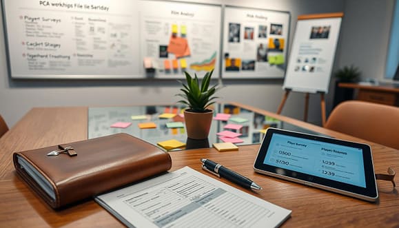 A modern workspace showcasing a "PCA workshops reflection toolbox," thoughtfully arranged on a sleek wooden table. In the foreground, a leather-bound journal lies open, revealing neatly written notes; next to it, a stylish pen rests beside a digital tablet displaying player surveys and habit tracker data. The middle ground features a reflective surface adorned with colorful sticky notes and a small potted plant, adding a touch of nature. In the background, a well-lit whiteboard displays coaching strategies and film analysis, illuminated by soft, ambient lighting. The atmosphere exudes professionalism and focus, captured from a slightly elevated angle to emphasize the organized chaos of creative thought in coaching. A modern workspace showcasing a "PCA workshops reflection toolbox," thoughtfully arranged on a sleek wooden table. In the foreground, a leather-bound journal lies open, revealing neatly written notes; next to it, a stylish pen rests beside a digital tablet displaying player surveys and habit tracker data. The middle ground features a reflective surface adorned with colorful sticky notes and a small potted plant, adding a touch of nature. In the background, a well-lit whiteboard displays coaching strategies and film analysis, illuminated by soft, ambient lighting. The atmosphere exudes professionalism and focus, captured from a slightly elevated angle to emphasize the organized chaos of creative thought in coaching.