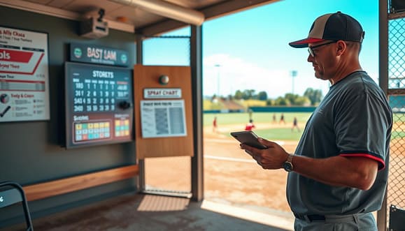 A modern youth baseball coach is reviewing scorekeeping and spray chart apps on a tablet in a well-lit, organized dugout. In the foreground, the coach, dressed in casual athletic wear, is intently focused on the device, showcasing the latest technology. The middle layer features a digital scoreboard and a printed spray chart pinned on a wooden board, illustrating data analytics for player performance. In the background, a vibrant baseball field is visible, with youthful players practicing in the distance under a bright blue sky. The sunlight creates a warm, inviting atmosphere, accentuating the blend of technology and traditional sports. The composition is dynamic, with a slight perspective tilt to draw the viewer's eye to the interactions between coaching and technology. A modern youth baseball coach is reviewing scorekeeping and spray chart apps on a tablet in a well-lit, organized dugout. In the foreground, the coach, dressed in casual athletic wear, is intently focused on the device, showcasing the latest technology. The middle layer features a digital scoreboard and a printed spray chart pinned on a wooden board, illustrating data analytics for player performance. In the background, a vibrant baseball field is visible, with youthful players practicing in the distance under a bright blue sky. The sunlight creates a warm, inviting atmosphere, accentuating the blend of technology and traditional sports. The composition is dynamic, with a slight perspective tilt to draw the viewer's eye to the interactions between coaching and technology.