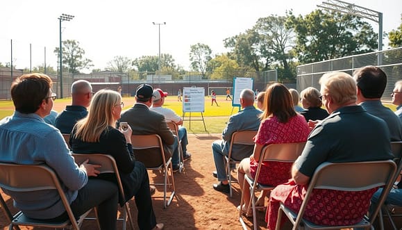 A vibrant community baseball field during a parent education program. In the foreground, a diverse group of parents, dressed in professional business attire and modest casual clothing, sit in folding chairs, attentively listening to a knowledgeable speaker. The middle ground features a well-organized presentation area with a flip chart displaying key points about effective parenting in youth sports. In the background, a sunlit baseball diamond with kids practicing, embodying teamwork and enthusiasm for the game. The overall atmosphere is warm and engaging, with bright natural lighting highlighting the community spirit. A wide-angle perspective captures the interaction between parents and the speaker, emphasizing involvement and learning in a supportive environment. A vibrant community baseball field during a parent education program. In the foreground, a diverse group of parents, dressed in professional business attire and modest casual clothing, sit in folding chairs, attentively listening to a knowledgeable speaker. The middle ground features a well-organized presentation area with a flip chart displaying key points about effective parenting in youth sports. In the background, a sunlit baseball diamond with kids practicing, embodying teamwork and enthusiasm for the game. The overall atmosphere is warm and engaging, with bright natural lighting highlighting the community spirit. A wide-angle perspective captures the interaction between parents and the speaker, emphasizing involvement and learning in a supportive environment.