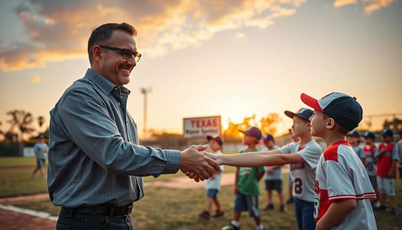 A vibrant community sponsorship scene set in a bustling Texas youth baseball field. In the foreground, a smiling local business owner in a smart casual outfit shakes hands with a baseball coach, both displaying enthusiasm and professionalism. In the middle ground, a group of children in colorful team jerseys play baseball, with a sign for the sponsor prominently displayed on a nearby outfield fence. The background features a warm sunset sky, casting a golden glow over the field, creating a welcoming and supportive atmosphere. The angle is slightly elevated to capture the dynamic interaction and the children’s joyful energy, emphasizing the spirit of community partnership and mutual benefit in youth sports. The lighting is soft and warm, enhancing the feeling of collaboration and positivity. A vibrant community sponsorship scene set in a bustling Texas youth baseball field. In the foreground, a smiling local business owner in a smart casual outfit shakes hands with a baseball coach, both displaying enthusiasm and professionalism. In the middle ground, a group of children in colorful team jerseys play baseball, with a sign for the sponsor prominently displayed on a nearby outfield fence. The background features a warm sunset sky, casting a golden glow over the field, creating a welcoming and supportive atmosphere. The angle is slightly elevated to capture the dynamic interaction and the children’s joyful energy, emphasizing the spirit of community partnership and mutual benefit in youth sports. The lighting is soft and warm, enhancing the feeling of collaboration and positivity.