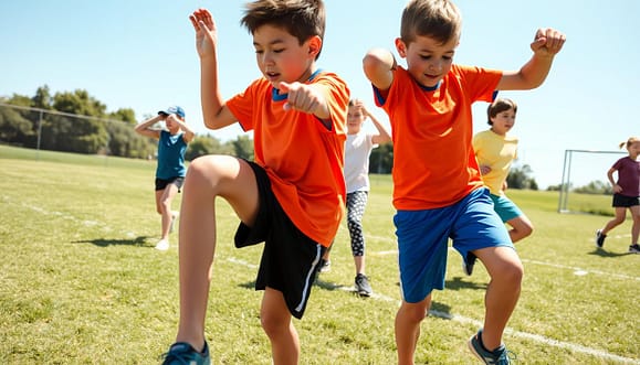 A vibrant, dynamic warm-up scene depicting a group of youth athletes aged 9-14, engaged in various warm-up activities. In the foreground, two boys energetically performing high knees and butt kicks, showcasing their excitement and focus. In the middle ground, a girl is performing arm circles, while another is engaged in a dynamic stretching routine. The background features a sunny outdoor sports field with lush green grass and a clear blue sky, suggesting an active environment. Bright, natural lighting accentuates the energy of the scene, with the camera angle capturing the athletes in motion from slightly below eye level, conveying a sense of dynamism and engagement. The atmosphere is enthusiastic and encouraging, perfect for illustrating a focused warm-up before activity. A vibrant, dynamic warm-up scene depicting a group of youth athletes aged 9-14, engaged in various warm-up activities. In the foreground, two boys energetically performing high knees and butt kicks, showcasing their excitement and focus. In the middle ground, a girl is performing arm circles, while another is engaged in a dynamic stretching routine. The background features a sunny outdoor sports field with lush green grass and a clear blue sky, suggesting an active environment. Bright, natural lighting accentuates the energy of the scene, with the camera angle capturing the athletes in motion from slightly below eye level, conveying a sense of dynamism and engagement. The atmosphere is enthusiastic and encouraging, perfect for illustrating a focused warm-up before activity.