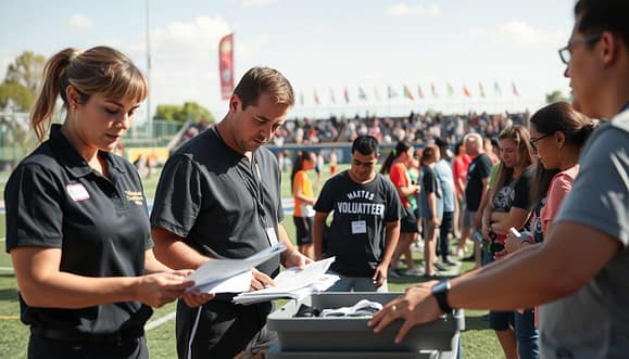 A vibrant scene depicting tournament officials and volunteers in action at a youth sports event. In the foreground, a focused female official in a professional black polo shirt checks a score sheet while a male scorekeeper beside her, wearing a volunteer T-shirt, organizes equipment. In the middle ground, a diverse group of volunteers assists with registration, their expressions showing enthusiasm and determination. The background features a colorful sports field with teams practicing, banners fluttering in the breeze, and spectators in the distance. The lighting is bright and natural, evoking a lively atmosphere, while a slight depth of field effect focuses on the officials and volunteers, capturing the essence of teamwork and organization.