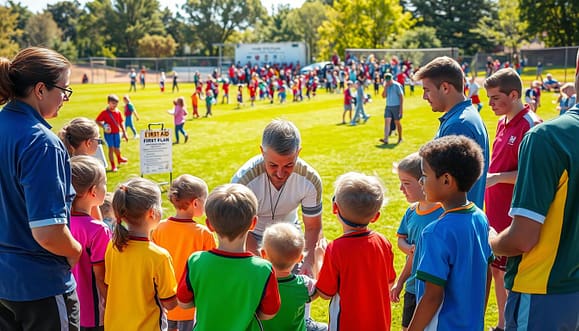 A vibrant scene illustrating youth sports safety and medical insurance coverage. In the foreground, a diverse group of young athletes, dressed in colorful sports uniforms, are receiving first aid from a certified athletic trainer (ATC) wearing a professional attire. The middle ground shows a clearly marked first aid station with medical supplies and safety equipment, such as defibrillators and ice packs, alongside a visible lightning safety plan poster. In the background, a sunny outdoor sports field is bustling with players, coaches, and parents, showcasing a well-organized youth tournament. Bright, natural lighting highlights the lively atmosphere, capturing the essence of teamwork and safety. The image conveys a sense of trust, professionalism, and community, emphasizing the importance of medical preparedness in youth sports.