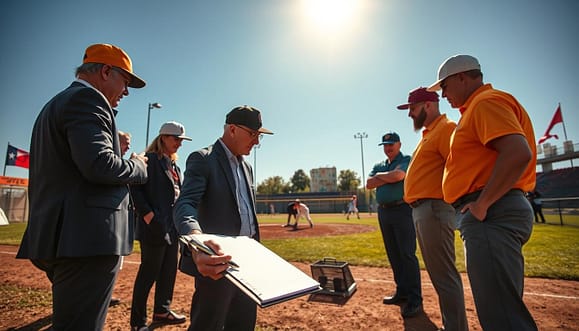 A vibrant scene of a Texas baseball coaching clinic taking place outdoors, under a bright blue sky. In the foreground, a diverse group of coaches dressed in professional business attire, gathered around a clipboard and notepad, eagerly taking notes. The middle ground features a baseball diamond, with players practicing drills in the background, creating an engaging atmosphere of learning and teamwork. The sunlight casts warm, inviting shadows, and there are Texas-themed elements like flags and baseballs scattered around. The focus is on capturing the energy of the clinic, emphasizing collaboration and dedication to coaching. The angle is slightly elevated to provide a clear view of both the coaches and the ongoing practice, conveying an inspiring and motivational mood. A vibrant scene of a Texas baseball coaching clinic taking place outdoors, under a bright blue sky. In the foreground, a diverse group of coaches dressed in professional business attire, gathered around a clipboard and notepad, eagerly taking notes. The middle ground features a baseball diamond, with players practicing drills in the background, creating an engaging atmosphere of learning and teamwork. The sunlight casts warm, inviting shadows, and there are Texas-themed elements like flags and baseballs scattered around. The focus is on capturing the energy of the clinic, emphasizing collaboration and dedication to coaching. The angle is slightly elevated to provide a clear view of both the coaches and the ongoing practice, conveying an inspiring and motivational mood.