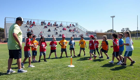 A vibrant sports practice field, set during a sunny afternoon with a clear blue sky. In the foreground, a group of diverse 10U youth athletes wearing colorful jerseys and sports shorts, enthusiastically practicing live toss drills with a coach guiding them, demonstrating clear instructions. In the middle ground, cones and markers are set up for simple relays, with kids engaging in energetic teamwork, showcasing focused expressions. The background features a well-maintained baseball diamond with bleachers filled with engaged parents, creating a supportive atmosphere. Bright, natural lighting casts soft shadows on the grass, while the scene captures a sense of camaraderie, learning, and the joy of youth sports. A vibrant sports practice field, set during a sunny afternoon with a clear blue sky. In the foreground, a group of diverse 10U youth athletes wearing colorful jerseys and sports shorts, enthusiastically practicing live toss drills with a coach guiding them, demonstrating clear instructions. In the middle ground, cones and markers are set up for simple relays, with kids engaging in energetic teamwork, showcasing focused expressions. The background features a well-maintained baseball diamond with bleachers filled with engaged parents, creating a supportive atmosphere. Bright, natural lighting casts soft shadows on the grass, while the scene captures a sense of camaraderie, learning, and the joy of youth sports.