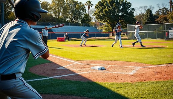 A vibrant youth baseball scene capturing the essence of offensive tactics during a game. In the foreground, a player on base prepares to steal, showcasing determination in their stance. A coach signals from the dugout, emphasizing bunting or a squeeze play, clad in a team uniform. In the middle, a batter grips their bat ready in the batter's box, while the pitcher winds up in the background, focused on delivering the pitch. The field is well-maintained, with bright green grass and chalked lines. The sky is clear with warm sunlight casting soft shadows, creating a dynamic and energetic atmosphere. Capture the intensity of youth sports, evoking excitement and strategy in the game, without any text or distractions. A vibrant youth baseball scene capturing the essence of offensive tactics during a game. In the foreground, a player on base prepares to steal, showcasing determination in their stance. A coach signals from the dugout, emphasizing bunting or a squeeze play, clad in a team uniform. In the middle, a batter grips their bat ready in the batter's box, while the pitcher winds up in the background, focused on delivering the pitch. The field is well-maintained, with bright green grass and chalked lines. The sky is clear with warm sunlight casting soft shadows, creating a dynamic and energetic atmosphere. Capture the intensity of youth sports, evoking excitement and strategy in the game, without any text or distractions.