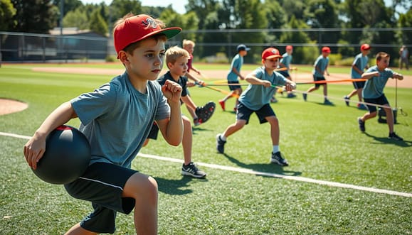 A vibrant youth baseball training scene showcasing strength and athleticism. In the foreground, a diverse group of boys aged 9-14, wearing athletic clothing, perform various strength exercises. One boy demonstrates a squat with a medicine ball, while another engages in a core anti-rotation movement, highlighting focus and determination. In the middle ground, teammates are seen pushing sleds and pulling resistance bands, showcasing teamwork and energy. The background features a well-maintained baseball field under bright, natural lighting, emphasizing a sunny day. The atmosphere is motivational and dynamic, with a sense of camaraderie and sportsmanship. The composition captures the essence of youth baseball training, emphasizing strength and athletic development without distractions. A vibrant youth baseball training scene showcasing strength and athleticism. In the foreground, a diverse group of boys aged 9-14, wearing athletic clothing, perform various strength exercises. One boy demonstrates a squat with a medicine ball, while another engages in a core anti-rotation movement, highlighting focus and determination. In the middle ground, teammates are seen pushing sleds and pulling resistance bands, showcasing teamwork and energy. The background features a well-maintained baseball field under bright, natural lighting, emphasizing a sunny day. The atmosphere is motivational and dynamic, with a sense of camaraderie and sportsmanship. The composition captures the essence of youth baseball training, emphasizing strength and athletic development without distractions.