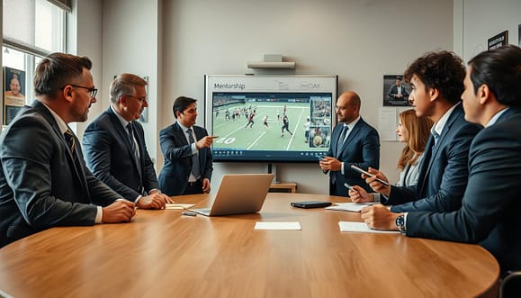 A well-lit meeting room with a round table in the foreground, featuring a diverse group of five coaches dressed in professional business attire, engaged in a dynamic film review session. One coach is pointing at a laptop displaying a sports play, while the others are attentively taking notes. In the middle, a large screen shows a paused video of a sports match, emphasizing the mentorship aspect. The background features a whiteboard filled with tactical strategies and a few motivational posters on the walls. The scene captures a sense of teamwork, focus, and professional growth, with soft, natural lighting creating an inviting atmosphere that promotes collaboration and learning. The camera angle is slightly tilted to emphasize engagement and interaction among the coaches. A well-lit meeting room with a round table in the foreground, featuring a diverse group of five coaches dressed in professional business attire, engaged in a dynamic film review session. One coach is pointing at a laptop displaying a sports play, while the others are attentively taking notes. In the middle, a large screen shows a paused video of a sports match, emphasizing the mentorship aspect. The background features a whiteboard filled with tactical strategies and a few motivational posters on the walls. The scene captures a sense of teamwork, focus, and professional growth, with soft, natural lighting creating an inviting atmosphere that promotes collaboration and learning. The camera angle is slightly tilted to emphasize engagement and interaction among the coaches.