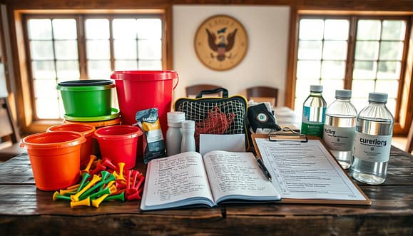 A well-organized equipment checklist displayed on a rustic wooden table, featuring essential items for a volunteer coach. In the foreground, a neatly arranged array of vibrant colored buckets, golf tees, lightweight nets, a compact first aid kit, sunshade, and sturdy water bottles. The middle ground showcases an open notebook with handwritten session plans, beside a clipboard with basic safety guidelines. In the background, soft natural lighting filters through a large window, illuminating the scene and casting gentle shadows. The atmosphere is warm and inviting, evoking a sense of readiness and professionalism, perfect for a coaching environment. The image should be focused and clear, with an eye-level angle, highlighting the items prominently without any text or overlays.