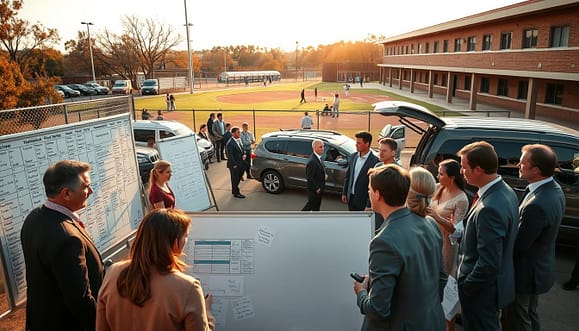 A bustling scene depicting after-school baseball transportation coordination at a Texas high school. In the foreground, a diverse group of adults, dressed in professional business attire, are gathered around a whiteboard covered with schedules and logistics plans. Middle-ground features several cars and vans ready for transport, showcasing teamwork as individuals load baseball gear. In the background, a baseball field is visible with players practicing and the school building highlighted by warm late afternoon sunlight. The scene captures a sense of organization and collaboration, with soft shadows and golden hour lighting enhancing the mood of urgency and dedication. The image uses a wide-angle lens to include both details of the preparations and the wider environment of the school, creating an inviting and proactive atmosphere. A bustling scene depicting after-school baseball transportation coordination at a Texas high school. In the foreground, a diverse group of adults, dressed in professional business attire, are gathered around a whiteboard covered with schedules and logistics plans. Middle-ground features several cars and vans ready for transport, showcasing teamwork as individuals load baseball gear. In the background, a baseball field is visible with players practicing and the school building highlighted by warm late afternoon sunlight. The scene captures a sense of organization and collaboration, with soft shadows and golden hour lighting enhancing the mood of urgency and dedication. The image uses a wide-angle lens to include both details of the preparations and the wider environment of the school, creating an inviting and proactive atmosphere.
