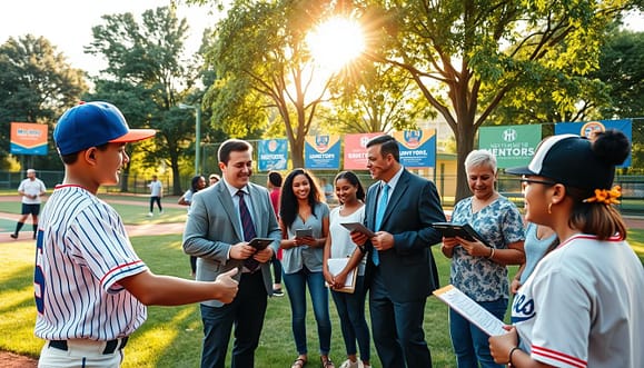 A dynamic scene depicting a youth development program's player-mentor matching process in a cheerful community park. In the foreground, a young baseball player, wearing a team cap and jersey, excitedly shakes hands with a mentor dressed in smart casual attire. In the middle ground, a diverse group of mentors and players are engaged in discussions, switching between friendly conversations and reviewing baseball stats on clipboards. The background features a well-maintained baseball field, lush trees, and colorful banners promoting mentorship programs. Soft, warm lighting creates an inviting atmosphere, with sunlight filtering through the leaves, setting a hopeful and uplifting tone. The angle is slightly elevated, capturing the interactions in a vibrant, community-centered environment.