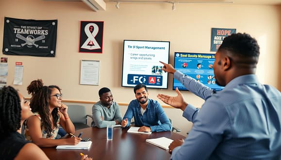 A professional baseball player, dressed in business casual attire, is mentoring a diverse group of college students in a well-lit meeting room. In the foreground, the player is engaged in conversation, gesturing thoughtfully as he points to a large presentation screen displaying career opportunities in sports management. The middle ground reveals students seated around a conference table, taking notes and actively participating, showcasing expressions of interest and determination. In the background, a wall features baseball memorabilia and motivational posters about teamwork and success. The setting has warm, natural lighting, creating an inviting atmosphere. The camera angle captures a slightly elevated perspective, emphasizing the player's leadership role while demonstrating a collaborative environment filled with hope and aspiration for future careers.