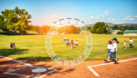 A seasonal fundraising calendar designed for youth baseball teams, visually showcasing various fundraising ideas throughout the year. The foreground features colorful icons representing activities such as bake sales, car washes, and community events, arranged in a circular calendar format. The middle layer includes a vibrant baseball field with greenery and children playing, embodying teamwork and community spirit. In the background, a serene Texas landscape with blue skies and distant hills enhances the atmosphere. The lighting is warm and inviting, simulating a sunny day, with a focus on a cheerful, hopeful mood. The image should be rich in detail, with soft shadows and depth, portraying an inspiring and community-oriented fundraising theme, without any text or watermarks. A seasonal fundraising calendar designed for youth baseball teams, visually showcasing various fundraising ideas throughout the year. The foreground features colorful icons representing activities such as bake sales, car washes, and community events, arranged in a circular calendar format. The middle layer includes a vibrant baseball field with greenery and children playing, embodying teamwork and community spirit. In the background, a serene Texas landscape with blue skies and distant hills enhances the atmosphere. The lighting is warm and inviting, simulating a sunny day, with a focus on a cheerful, hopeful mood. The image should be rich in detail, with soft shadows and depth, portraying an inspiring and community-oriented fundraising theme, without any text or watermarks.