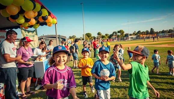 A vibrant youth baseball fundraising event in full swing, capturing the excitement of a local tournament. In the foreground, smiling children in colorful baseball uniforms are playing catch, their energy infectious. Nearby, a booth adorned with balloons and banners shows volunteers in modest casual clothing welcoming attendees and handing out pamphlets. The middle ground features families engaging in games and activities, such as face painting and a raffle, children laughing and enjoying the community spirit. In the background, a baseball field under a clear blue sky, with teams practicing and spectators cheering. Soft, warm lighting creates an inviting atmosphere, evoking feelings of camaraderie and support. The scene is framed from a slight low angle, emphasizing the joy and community involvement at the event. A vibrant youth baseball fundraising event in full swing, capturing the excitement of a local tournament. In the foreground, smiling children in colorful baseball uniforms are playing catch, their energy infectious. Nearby, a booth adorned with balloons and banners shows volunteers in modest casual clothing welcoming attendees and handing out pamphlets. The middle ground features families engaging in games and activities, such as face painting and a raffle, children laughing and enjoying the community spirit. In the background, a baseball field under a clear blue sky, with teams practicing and spectators cheering. Soft, warm lighting creates an inviting atmosphere, evoking feelings of camaraderie and support. The scene is framed from a slight low angle, emphasizing the joy and community involvement at the event.