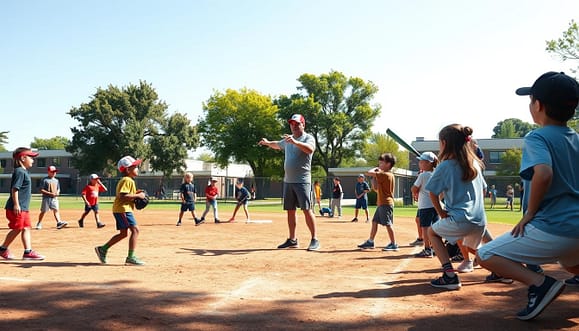 An after-school baseball program scene set on a sunlit baseball diamond, capturing young players aged 8-12 practicing together under the guidance of a dedicated coach. In the foreground, a diverse group of children in modest athletic attire are engaged in drills, focusing on batting and fielding techniques. The middle ground features a coach, wearing a baseball cap and casual sportswear, demonstrating proper throwing techniques while encouraging the players. In the background, you can see a school building and green trees framing the field, under a clear blue sky. The atmosphere is lively and energetic, reflecting enthusiasm for teamwork and skill development. The scene is shot at a slight low angle to emphasize the players’ activity, with warm sunlight casting soft shadows, creating an inviting and motivational environment. An after-school baseball program scene set on a sunlit baseball diamond, capturing young players aged 8-12 practicing together under the guidance of a dedicated coach. In the foreground, a diverse group of children in modest athletic attire are engaged in drills, focusing on batting and fielding techniques. The middle ground features a coach, wearing a baseball cap and casual sportswear, demonstrating proper throwing techniques while encouraging the players. In the background, you can see a school building and green trees framing the field, under a clear blue sky. The atmosphere is lively and energetic, reflecting enthusiasm for teamwork and skill development. The scene is shot at a slight low angle to emphasize the players’ activity, with warm sunlight casting soft shadows, creating an inviting and motivational environment.