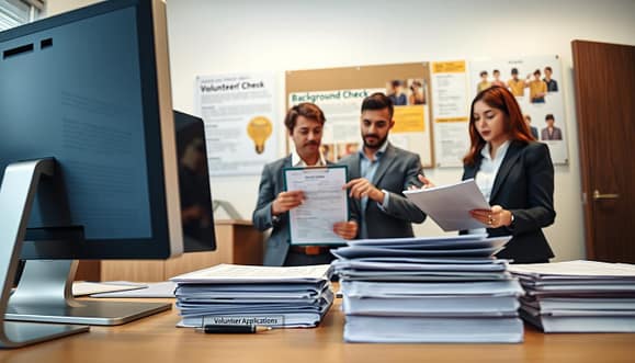 In a professional office setting, focus on a well-organized desk in the foreground featuring a computer monitor displaying a digital background check application. Surround the desk with neatly stacked files labeled “Volunteer Applications,” “Background Check Reports,” and a clipboard with a pen, suggesting detailed documentation. The middle section shows a diverse group of three individuals in business casual attire, reviewing forms; one is pointing to an application while another takes notes, emphasizing collaboration and conversation about safety protocols. The background highlights a bulletin board with safety guidelines and youth baseball pictures, conveying a sense of community and purpose. Soft, natural lighting filters through a window, creating a warm, inviting atmosphere, framed at eye level to draw the viewer into this important aspect of volunteer management.