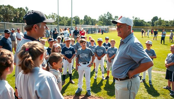 A bustling youth baseball clinic atmosphere, showcasing a former player engaging with a group of young athletes. In the foreground, the speaker, a middle-aged man in a smart casual polo and baseball cap, passionately demonstrates a pitching technique. The middle ground features a diverse group of attentive children, ages 8-12, dressed in baseball uniforms, their expressions showing excitement and focus. In the background, a baseball field with bright green grass under a sunny sky, surrounded by parents and coaches observing. The scene is bathed in warm, natural light, capturing the energy and inspiration of the moment. The composition is dynamic, with a slight wide-angle perspective to emphasize the interaction and community spirit of the event. A bustling youth baseball clinic atmosphere, showcasing a former player engaging with a group of young athletes. In the foreground, the speaker, a middle-aged man in a smart casual polo and baseball cap, passionately demonstrates a pitching technique. The middle ground features a diverse group of attentive children, ages 8-12, dressed in baseball uniforms, their expressions showing excitement and focus. In the background, a baseball field with bright green grass under a sunny sky, surrounded by parents and coaches observing. The scene is bathed in warm, natural light, capturing the energy and inspiration of the moment. The composition is dynamic, with a slight wide-angle perspective to emphasize the interaction and community spirit of the event.
