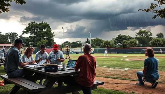 A community baseball tournament scene focused on weather contingency planning. In the foreground, a diverse group of organizers in modest casual clothing are discussing strategies at a picnic table covered with notebooks, weather charts, and a laptop displaying weather forecasts. The middle ground showcases a well-maintained baseball field, partially covered with tarps and umbrellas to shield from impending rain, with bases and outfield markers clearly visible. In the background, dark storm clouds are gathering, and a light drizzle begins to fall, while nearby trees sway gently in the breeze, enhancing the atmosphere of urgency. The lighting is natural, reflecting a late afternoon setting with soft, diffused light breaking through the clouds, creating a contemplative mood. The image composition should emphasize the community's proactive spirit and commitment to ensuring a successful tournament despite the weather challenges. A community baseball tournament scene focused on weather contingency planning. In the foreground, a diverse group of organizers in modest casual clothing are discussing strategies at a picnic table covered with notebooks, weather charts, and a laptop displaying weather forecasts. The middle ground showcases a well-maintained baseball field, partially covered with tarps and umbrellas to shield from impending rain, with bases and outfield markers clearly visible. In the background, dark storm clouds are gathering, and a light drizzle begins to fall, while nearby trees sway gently in the breeze, enhancing the atmosphere of urgency. The lighting is natural, reflecting a late afternoon setting with soft, diffused light breaking through the clouds, creating a contemplative mood. The image composition should emphasize the community's proactive spirit and commitment to ensuring a successful tournament despite the weather challenges.