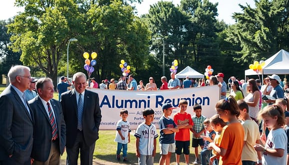 A lively scene at a former player engagement annual alumni event, set in a sunny outdoor park. In the foreground, several alumni, dressed in professional business attire and modest casual clothing, gather around a large banner that reads "Alumni Reunion". In the middle, a mix of young attendees and families enjoy various activities like baseball games, face painting, and conversations, with smiles and laughter. In the background, colorful balloons and tents create a festive atmosphere, while tall trees provide shade. The lighting is bright and cheerful, emphasizing a sense of community and nostalgia. Capture this scene with a slightly elevated angle, allowing for a wide view of the engaged crowd and the vibrant surroundings, embodying the spirit of connection and legacy in youth baseball programs. A lively scene at a former player engagement annual alumni event, set in a sunny outdoor park. In the foreground, several alumni, dressed in professional business attire and modest casual clothing, gather around a large banner that reads "Alumni Reunion". In the middle, a mix of young attendees and families enjoy various activities like baseball games, face painting, and conversations, with smiles and laughter. In the background, colorful balloons and tents create a festive atmosphere, while tall trees provide shade. The lighting is bright and cheerful, emphasizing a sense of community and nostalgia. Capture this scene with a slightly elevated angle, allowing for a wide view of the engaged crowd and the vibrant surroundings, embodying the spirit of connection and legacy in youth baseball programs.