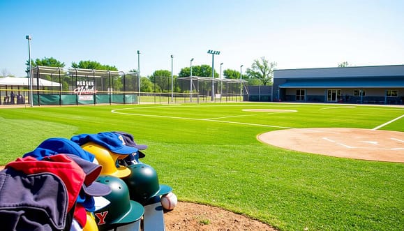 A vibrant YMCA Central Texas youth baseball field scene, showcasing well-maintained facilities and a variety of baseball equipment. In the foreground, a neatly organized lineup of colorful uniforms, helmets, and baseballs rests on a bench. The middle ground features a large, pristine baseball diamond with freshly chalked lines and a backdrop of towering chain-link fences enclosing pitching cages. Bright green grass and a clear blue sky create an inviting atmosphere. In the background, a modern clubhouse with training resources can be seen. Soft, natural lighting enhances the welcoming mood of a sunny day, capturing the essence of youth training and community spirit. The angle is slightly elevated, offering a broad view of this dynamic baseball environment. A vibrant YMCA Central Texas youth baseball field scene, showcasing well-maintained facilities and a variety of baseball equipment. In the foreground, a neatly organized lineup of colorful uniforms, helmets, and baseballs rests on a bench. The middle ground features a large, pristine baseball diamond with freshly chalked lines and a backdrop of towering chain-link fences enclosing pitching cages. Bright green grass and a clear blue sky create an inviting atmosphere. In the background, a modern clubhouse with training resources can be seen. Soft, natural lighting enhances the welcoming mood of a sunny day, capturing the essence of youth training and community spirit. The angle is slightly elevated, offering a broad view of this dynamic baseball environment.