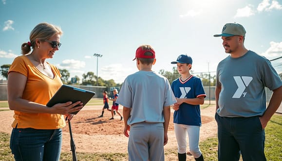 A vibrant YMCA baseball practice scene, featuring parents engaged with their children, showcasing a positive environment. In the foreground, a mother and father, dressed in casual but neat attire, are discussing schedules and expectations, with a digital communication app displayed on a tablet. The middle ground reveals children aged 7-12 practicing baseball, emphasizing teamwork and skill development, with a coach guiding them. In the background, a sunny sky with a hint of clouds, indicative of a rainout policy, while the YMCA logo is subtly visible on uniforms. The lighting is warm and inviting, capturing a sense of community and support. Use a wide-angle lens to enhance the scene's inclusivity and connection among participants. Aim for a hopeful and encouraging atmosphere. A vibrant YMCA baseball practice scene, featuring parents engaged with their children, showcasing a positive environment. In the foreground, a mother and father, dressed in casual but neat attire, are discussing schedules and expectations, with a digital communication app displayed on a tablet. The middle ground reveals children aged 7-12 practicing baseball, emphasizing teamwork and skill development, with a coach guiding them. In the background, a sunny sky with a hint of clouds, indicative of a rainout policy, while the YMCA logo is subtly visible on uniforms. The lighting is warm and inviting, capturing a sense of community and support. Use a wide-angle lens to enhance the scene's inclusivity and connection among participants. Aim for a hopeful and encouraging atmosphere.