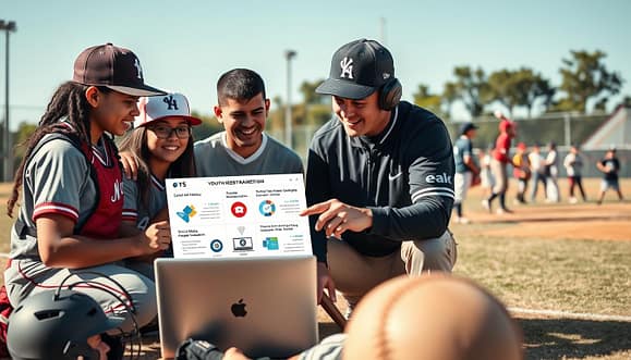 A vibrant scene capturing a digital marketing partnership in youth sports, focusing on youth baseball. In the foreground, a diverse group of three young athletes, dressed in professional sports gear, are enthusiastically discussing a digital marketing campaign on a laptop, surrounded by baseball equipment. The middle of the image features a corporate representative in professional attire, pointing at a bright, engaging infographic displaying social media metrics and sponsorship impacts. The background showcases a sunny baseball field, filled with excited young players practicing, under a clear blue sky. Soft, warm lighting enhances the scene's energetic and dynamic atmosphere, with a slightly blurred effect on the distant players to emphasize the focus on the discussion in the foreground. Capture the blend of sports, technology, and youth engagement.