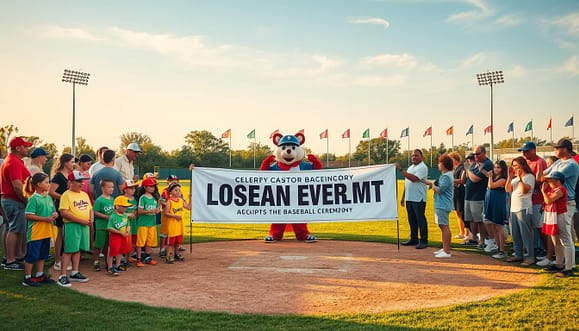 A vibrant scene of a local baseball event's opening ceremony, showcasing a diverse group of families and community members gathered at a well-maintained baseball field. In the foreground, a group of children in colorful team uniforms holds a large banner celebrating the event, while parents stand proudly, wearing casual but neat clothing. In the middle ground, the baseball diamond is set with a freshly mowed outfield, a home plate marked with flowers, and the team mascot giving high-fives to excited fans. The background features a clear blue sky with soft, warm sunlight casting long shadows, and colorful flags fluttering in the gentle breeze. Capture the lively atmosphere, emphasizing community spirit and joy, with a slightly elevated angle to encompass the entire scene. A vibrant scene of a local baseball event's opening ceremony, showcasing a diverse group of families and community members gathered at a well-maintained baseball field. In the foreground, a group of children in colorful team uniforms holds a large banner celebrating the event, while parents stand proudly, wearing casual but neat clothing. In the middle ground, the baseball diamond is set with a freshly mowed outfield, a home plate marked with flowers, and the team mascot giving high-fives to excited fans. The background features a clear blue sky with soft, warm sunlight casting long shadows, and colorful flags fluttering in the gentle breeze. Capture the lively atmosphere, emphasizing community spirit and joy, with a slightly elevated angle to encompass the entire scene.
