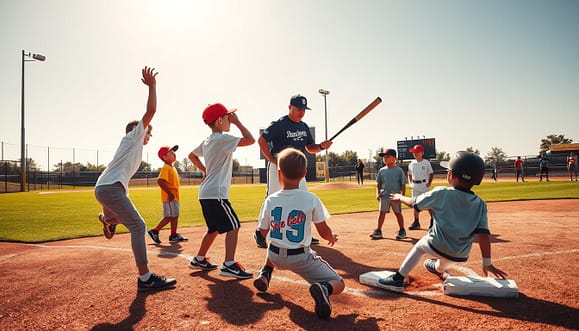 A vibrant youth baseball training scene capturing the fundamentals of throwing, receiving, baserunning, hitting, and game IQ. In the foreground, diverse children, ages 8-12, practice their skills: one is throwing a baseball with focus, another is catching a pop-up, and a third is sliding into a base. The middle ground features a knowledgeable coach demonstrating proper batting stance, while other kids observe with engaged expressions, wearing modest athletic clothing. In the background, a well-maintained baseball field with bases, a pitcher’s mound, and a scoreboard under a bright, sunny sky creates an energetic atmosphere. The lighting is warm and inviting, emphasizing the camaraderie and enthusiasm of youth sports. The angle is slightly elevated to capture the whole scene, highlighting teamwork and development in a safe, professional context. A vibrant youth baseball training scene capturing the fundamentals of throwing, receiving, baserunning, hitting, and game IQ. In the foreground, diverse children, ages 8-12, practice their skills: one is throwing a baseball with focus, another is catching a pop-up, and a third is sliding into a base. The middle ground features a knowledgeable coach demonstrating proper batting stance, while other kids observe with engaged expressions, wearing modest athletic clothing. In the background, a well-maintained baseball field with bases, a pitcher’s mound, and a scoreboard under a bright, sunny sky creates an energetic atmosphere. The lighting is warm and inviting, emphasizing the camaraderie and enthusiasm of youth sports. The angle is slightly elevated to capture the whole scene, highlighting teamwork and development in a safe, professional context.