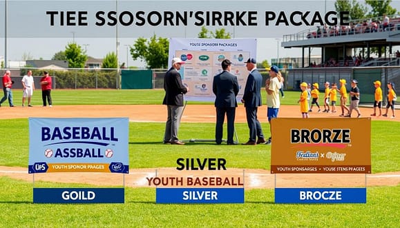 A visually engaging illustration of tiered sponsorship packages for youth baseball, showcasing three distinct tiers labeled "Gold," "Silver," and "Bronze." In the foreground, display vibrant sponsorship banners featuring baseball icons and logos on a baseball field. The middle ground should include a group of professionals in business attire discussing over a large poster outlining the package options. In the background, depict a youth baseball game in action, with kids in bright uniforms and spectators enjoying the atmosphere. Use natural daylight to create a warm, inviting mood, with a slightly elevated angle to capture the interaction between the sponsors and the excitement of the game. The overall feel conveys professionalism and community spirit.