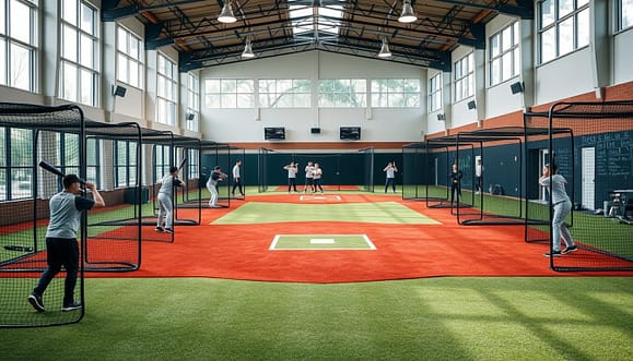 A spacious indoor baseball training facility featuring multiple well-lit batting cages and several pitching mounds in the foreground. The batting cages should have modern equipment, with players practicing swings, dressed in modest athletic clothing. In the middle ground, arrange a professionally designed pitching area with coaches observing players. The background should include batting practice screens, large windows allowing natural light to flood the space, and a chalkboard with training strategies visible. Incorporate a recovery area with exercise mats and fitness equipment to emphasize well-rounded training. The atmosphere should be vibrant and energetic, showcasing a commitment to sports excellence, captured with a wide-angle lens to encompass the facility's impressive scale. A spacious indoor baseball training facility featuring multiple well-lit batting cages and several pitching mounds in the foreground. The batting cages should have modern equipment, with players practicing swings, dressed in modest athletic clothing. In the middle ground, arrange a professionally designed pitching area with coaches observing players. The background should include batting practice screens, large windows allowing natural light to flood the space, and a chalkboard with training strategies visible. Incorporate a recovery area with exercise mats and fitness equipment to emphasize well-rounded training. The atmosphere should be vibrant and energetic, showcasing a commitment to sports excellence, captured with a wide-angle lens to encompass the facility's impressive scale.