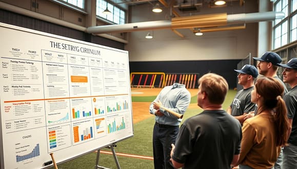 A structured baseball training curriculum laid out on a large whiteboard, with neatly organized weekly schedules, individual plans for players, and a clear coach-to-player ratio. In the foreground, a coach in professional business attire is actively discussing the curriculum with a group of attentive players, all dressed in modest, casual sports attire. In the middle, the whiteboard displays colorful charts and graphs, illustrating different training modules and assessments. The background features a well-lit indoor training facility with baseball equipment neatly arranged, such as bats, balls, and training cones. The atmosphere is focused and engaging, with warm lighting to create a motivating environment. The shot is taken from a slightly elevated angle to capture all elements clearly, providing a comprehensive view of the training layout. A structured baseball training curriculum laid out on a large whiteboard, with neatly organized weekly schedules, individual plans for players, and a clear coach-to-player ratio. In the foreground, a coach in professional business attire is actively discussing the curriculum with a group of attentive players, all dressed in modest, casual sports attire. In the middle, the whiteboard displays colorful charts and graphs, illustrating different training modules and assessments. The background features a well-lit indoor training facility with baseball equipment neatly arranged, such as bats, balls, and training cones. The atmosphere is focused and engaging, with warm lighting to create a motivating environment. The shot is taken from a slightly elevated angle to capture all elements clearly, providing a comprehensive view of the training layout.