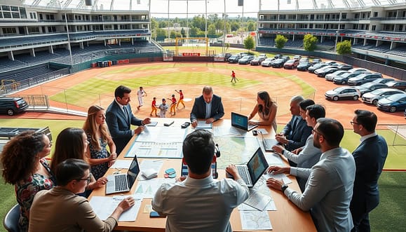 A vibrant, organized baseball training facility scene depicting logistical planning for schedules, commutes, and parking. In the foreground, a group of diverse individuals in professional business attire gathers around a large table filled with charts, maps, and laptops displaying commute routes and training schedules. In the middle ground, a baseball field is visible, with players practicing in the background, showing flexibility in their training. The background features a busy parking lot where cars are parked, emphasizing logistics. The scene is bright and well-lit, creating an atmosphere of productivity and collaboration. Capture this from a slightly elevated angle to provide a comprehensive view of the setting while highlighting the focus on planning and coordination. A vibrant, organized baseball training facility scene depicting logistical planning for schedules, commutes, and parking. In the foreground, a group of diverse individuals in professional business attire gathers around a large table filled with charts, maps, and laptops displaying commute routes and training schedules. In the middle ground, a baseball field is visible, with players practicing in the background, showing flexibility in their training. The background features a busy parking lot where cars are parked, emphasizing logistics. The scene is bright and well-lit, creating an atmosphere of productivity and collaboration. Capture this from a slightly elevated angle to provide a comprehensive view of the setting while highlighting the focus on planning and coordination.