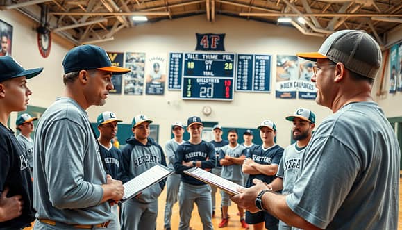 A baseball player meeting scene set in a well-lit gymnasium during a team selection process. In the foreground, a diverse group of young athletes, dressed in modest casual athletic wear, attentively listens to a coach who is explaining player selections using a clipboard. In the middle ground, several teammates engage in discussion, sharing input on strategies and potential rosters, with expressions of anticipation and focus. The background features baseball equipment, team banners, and a large scoreboard displaying player numbers, adding to the atmosphere of evaluation and teamwork. The lighting is bright and inviting, creating a professional yet motivational environment, captured from a slightly elevated angle to encompass both the players and the coach effectively. The mood is serious yet hopeful, reflecting the importance of teamwork and communication in the selection process. A baseball player meeting scene set in a well-lit gymnasium during a team selection process. In the foreground, a diverse group of young athletes, dressed in modest casual athletic wear, attentively listens to a coach who is explaining player selections using a clipboard. In the middle ground, several teammates engage in discussion, sharing input on strategies and potential rosters, with expressions of anticipation and focus. The background features baseball equipment, team banners, and a large scoreboard displaying player numbers, adding to the atmosphere of evaluation and teamwork. The lighting is bright and inviting, creating a professional yet motivational environment, captured from a slightly elevated angle to encompass both the players and the coach effectively. The mood is serious yet hopeful, reflecting the importance of teamwork and communication in the selection process.