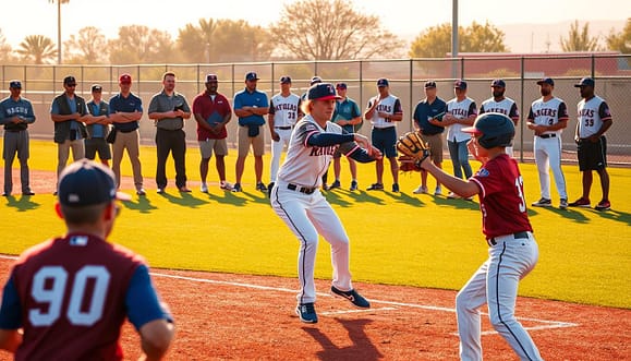 A dynamic baseball showcase scene at the Texas Rangers Youth Academy, featuring a group of young athletes, aged 15-18, displaying their skills on the field. In the foreground, two players in professional baseball uniforms are engaged in a competitive practice drill, showcasing strong throws and catching techniques. The middle ground features a diverse group of scouts and coaches, dressed in business casual attire, observing the players with keen interest, taking notes, and using clipboards. The background is filled with a well-maintained baseball diamond under a bright Texas sun, casting warm golden lighting that enhances the vibrant colors of the field and uniforms. The atmosphere is energetic and focused, capturing the essence of youth development and college recruiting in baseball. A dynamic baseball showcase scene at the Texas Rangers Youth Academy, featuring a group of young athletes, aged 15-18, displaying their skills on the field. In the foreground, two players in professional baseball uniforms are engaged in a competitive practice drill, showcasing strong throws and catching techniques. The middle ground features a diverse group of scouts and coaches, dressed in business casual attire, observing the players with keen interest, taking notes, and using clipboards. The background is filled with a well-maintained baseball diamond under a bright Texas sun, casting warm golden lighting that enhances the vibrant colors of the field and uniforms. The atmosphere is energetic and focused, capturing the essence of youth development and college recruiting in baseball.